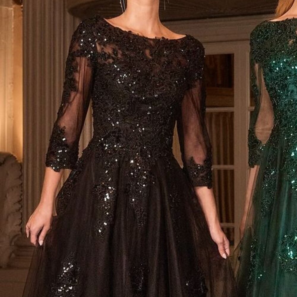 New Formal Tulle Lace Embroidered Maxi Gown w/ 3/4 Sleeves & V-Back CD J883